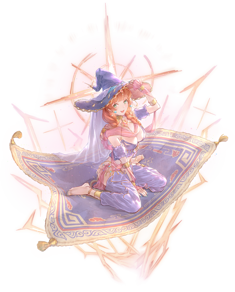 highres, official art, 1girl, amatsuki mahjong, anklet, armlet, bare hips, bare shoulders, barefoot, blunt bangs, braid, breasts, cleavage, from side, full body, green eyes, hand on headwear, happy, harem outfit, harem pants, hat, jewelry, large breasts, long hair, looking at viewer, magic carpet, melina (amatsuki mahjong), open mouth, orange hair, pants, sitting, smile, solo, transparent background, twin braids, wariza, witch hat
