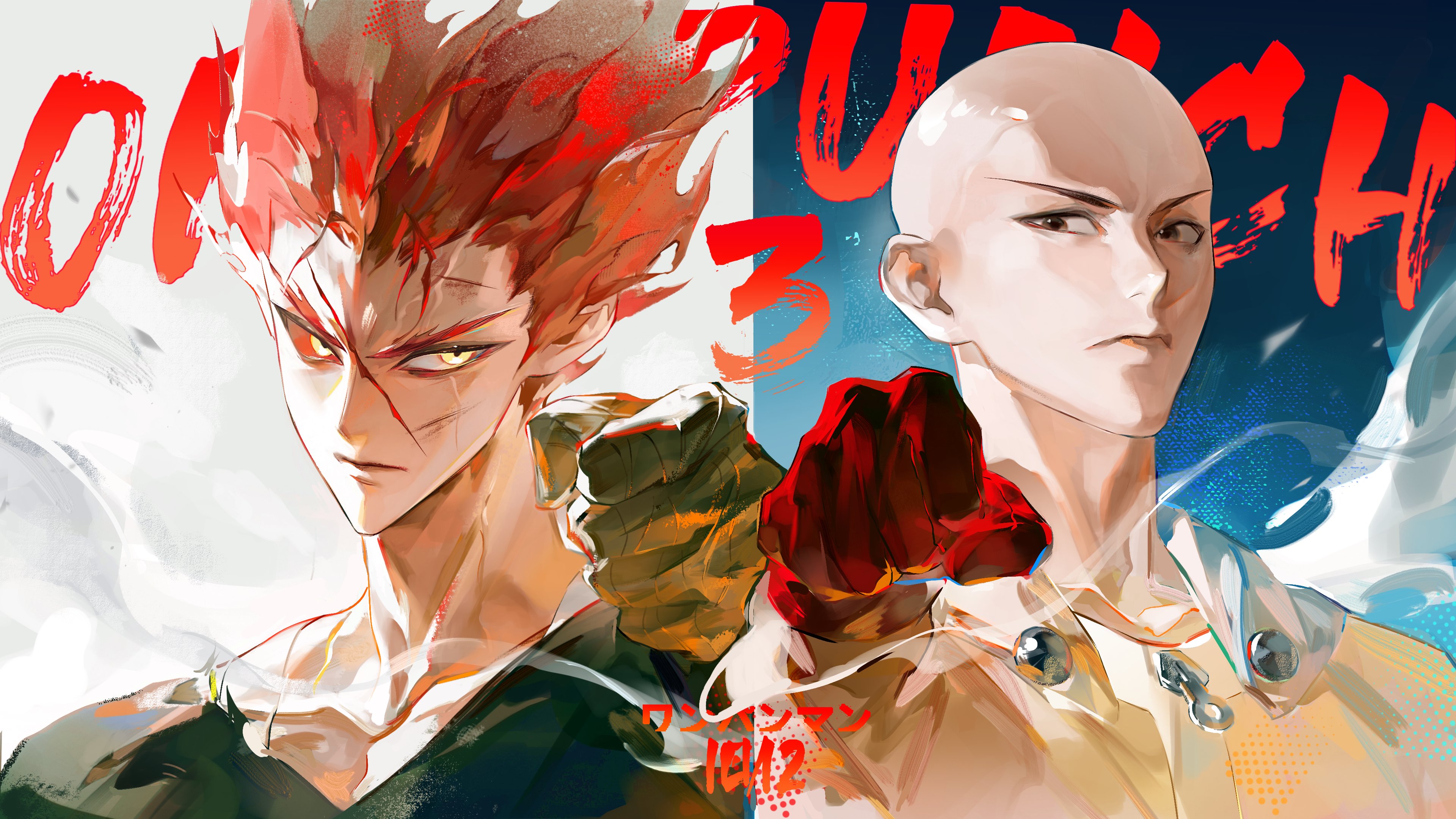 garou (one-punch man), saitama (one-punch man), one-punch man, absurdres, highres, 2boys, bald, gloves, long hair, male focus, multiple boys, red hair, scar, scar on face, superhero costume, yellow eyes, zfpxgbez1qk1auj