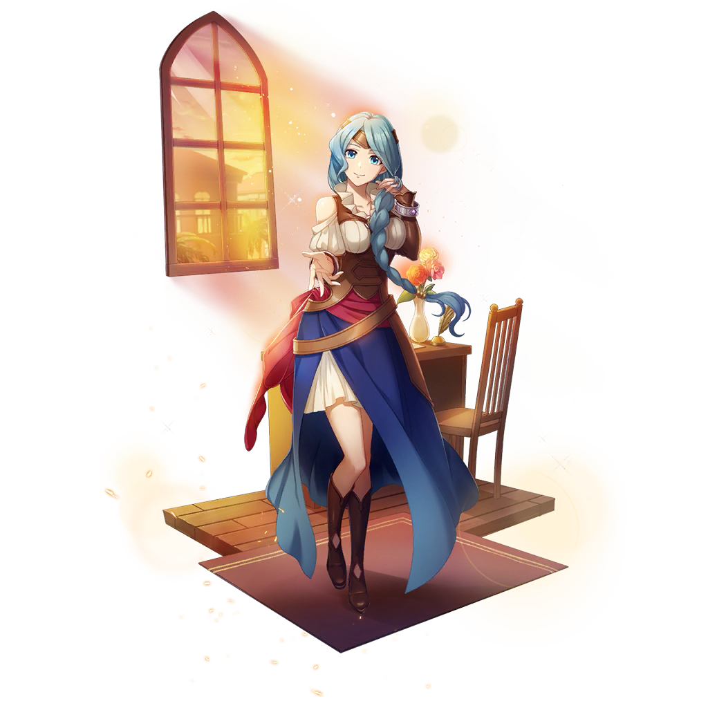 therese alexanderite, tate no yuusha no nariagari, tate no yuusha no nariagari rerise, artist request, game cg, official art, 1girl, ankle boots, armor, armored boots, bangle, bare shoulders, blue eyes, blue hair, blue sarong, boots, bracelet, braid, braided ponytail, breasts, brown boots, chair, closed mouth, clothing cutout, collared shirt, desk, dress, dusk, flower, full body, gem, gradient sarong, hair tubes, hand up, high collar, indoors, jewelry, leather armor, light particles, long hair, long sleeves, looking at viewer, medium breasts, metal hair tubes, outstretched arm, pink flower, pink rose, pleated dress, purple gemstone, red carpet, red flower, red rose, red sash, rose, sarong, sash, shirt, short dress, shoulder cutout, side ponytail, simple background, single hair tube, smile, solo, sparkle, standing, straight-on, transparent background, vambraces, vase, white dress, window, wooden chair, wooden desk, wristband