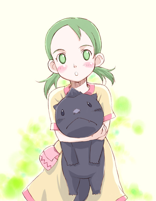 atsushi miyaji, erin, touda (kemono no souja erin), kemono no souja erin, 00s, 1girl, :<, :o, black eyes, blush stickers, closed mouth, cowboy shot, dress, fang, fang out, frown, green eyes, green hair, holding, looking at viewer, low twintails, open mouth, pouch, short hair, short sleeves, short twintails, simple background, standing, tareme, twintails, yellow background, yellow dress