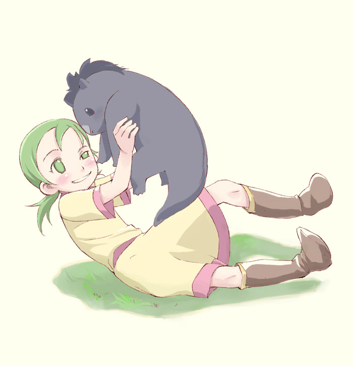 atsushi miyaji, erin, touda (kemono no souja erin), kemono no souja erin, beige background, brown footwear, 00s, 1girl, boots, creature, dress, full body, green dress, green eyes, green hair, holding, knee boots, short hair, simple background, smile, thighhighs, yellow background, zettai ryouiki