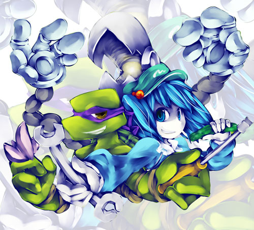 us (mouser), donatello (tmnt), kawashiro nitori, teenage mutant ninja turtles, touhou, bad id, bad pixiv id, lowres, 1girl, crossover, mechanical arm, mechanical arms, nobiiru arm, single mechanical arm, two side up