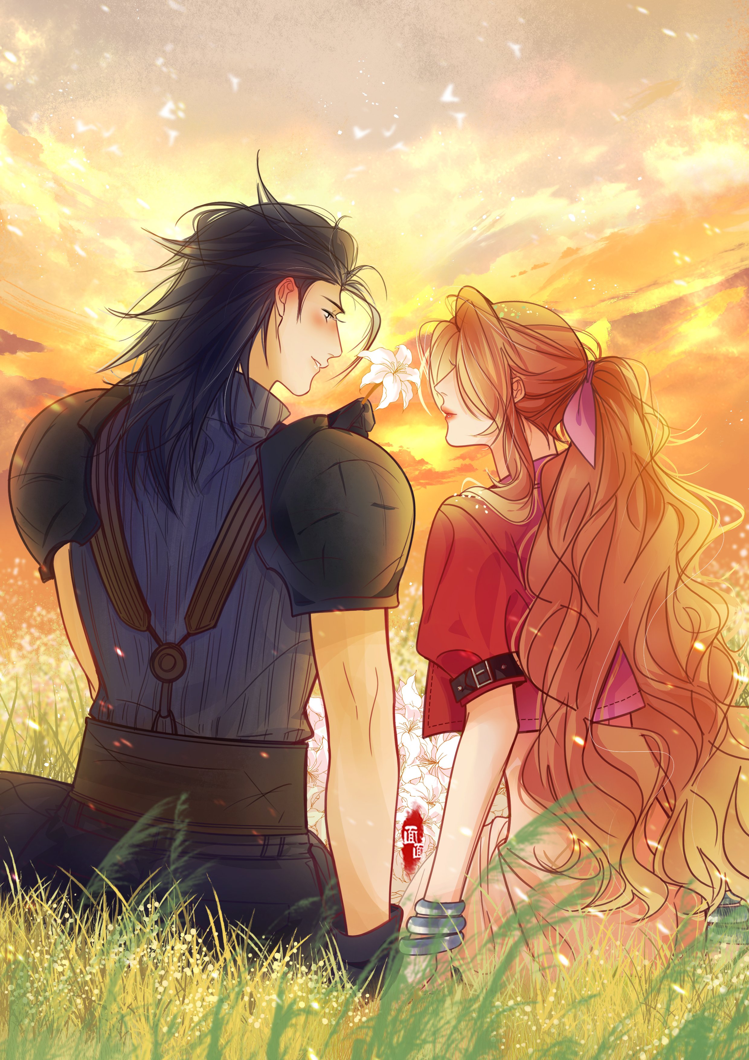 mianmian741, aerith gainsborough, zack fair, final fantasy, final fantasy vii, final fantasy vii remake, absurdres, highres, mixed-language commentary, 1boy, 1girl, armor, black gloves, black hair, blue sweater, blush, bracelet, brown hair, cloud, cloudy sky, couple, dress, flower, from behind, gloves, grass, holding, holding flower, jacket, jewelry, long hair, looking at another, looking to the side, orange sky, outdoors, pink dress, profile, red jacket, ribbed sweater, short sleeves, shoulder armor, sitting, sky, sleeveless, sleeveless turtleneck, spiked hair, sunset, sweater, turtleneck, turtleneck sweater