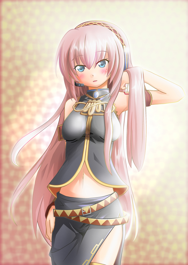 nisuki, megurine luka, vocaloid, adjusting hair, blue eyes, headset, long hair, midriff, navel, pink hair, solo, thighhighs