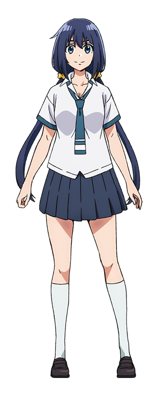 nakanishi mashiro, mattaku saikin no tantei to kitara, artist request, highres, non-web source, official art, 1girl, black skirt, blue necktie, blue skirt, breasts, cleavage, closed mouth, full body, low twintails, miniskirt, necktie, pleated skirt, skirt, smile, socks, solo, twintails, white socks