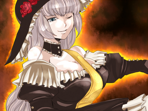 virgilia (umineko), umineko no naku koro ni, silver hair, 00s, bare shoulders, blue eyes, breasts, choker, cleavage, flower, hat, sash, smile, wink
