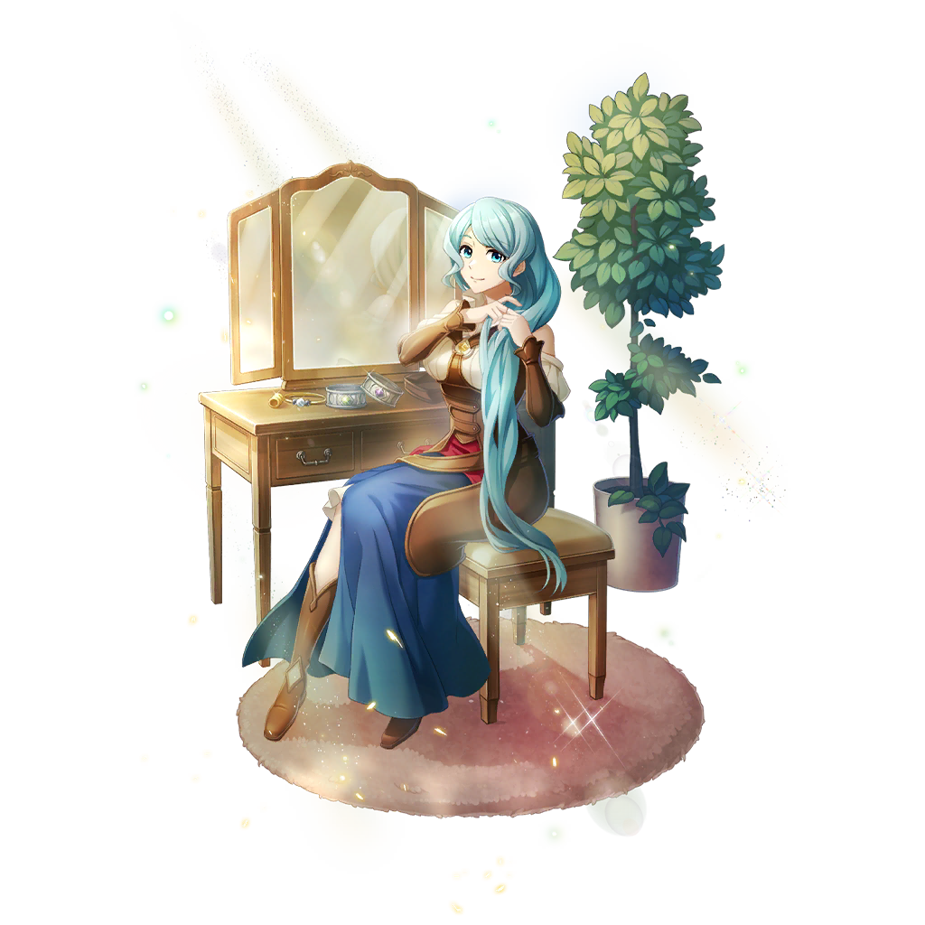 therese alexanderite, tate no yuusha no nariagari, tate no yuusha no nariagari rerise, artist request, game cg, official art, 1girl, ankle boots, armor, armored boots, bangle, bare shoulders, blue eyes, blue gemstone, blue hair, blue sarong, boots, bracelet, braiding hair, breasts, brown boots, closed mouth, clothing cutout, collared shirt, desk, dress, full body, gem, gradient sarong, green gemstone, hairdressing, high collar, indoors, jewelry, leather armor, light particles, long hair, long sleeves, looking at viewer, medium breasts, metal hair tubes, mirror, on stool, own hands together, pink carpet, pleated dress, purple gemstone, red sash, sarong, sash, shirt, short dress, shoulder cutout, side ponytail, sidelocks, simple background, sitting, smile, solo, sparkle, sunlight, transparent background, tree, vambraces, white dress, wooden desk, wooden stool, wristband, yellow gemstone