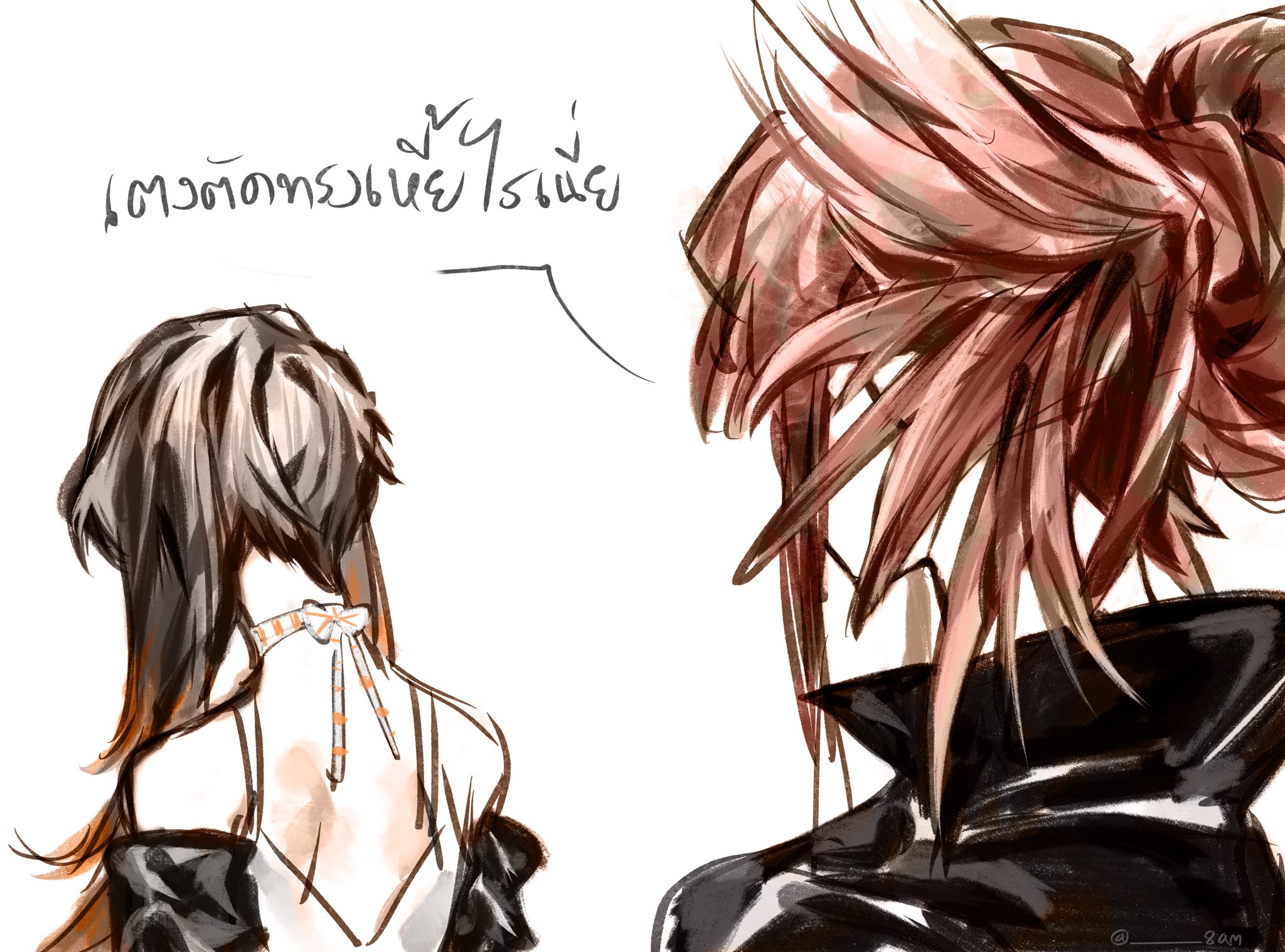 amo empool, riyo reaper, gachiakuta, highres, translation request, 2girls, black jacket, brown hair, dress, facing away, folded ponytail, jacket, long hair, multicolored hair, multiple girls, orange hair, red hair, sf (8am), sidelocks, simple background, streaked hair, thai text, upper body, white background, white dress