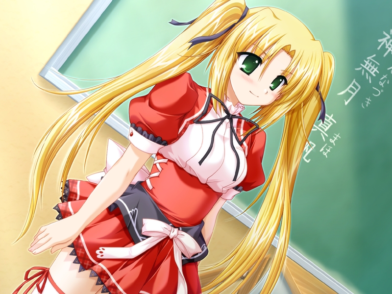 alpha (yukai na nakamatachi), kannazuki maho, konna ko ga itara boku wa mou, game cg, non-web source, translation request, 1girl, blonde hair, blush, chalkboard, dutch angle, female focus, green eyes, long hair, smile, solo, twintails