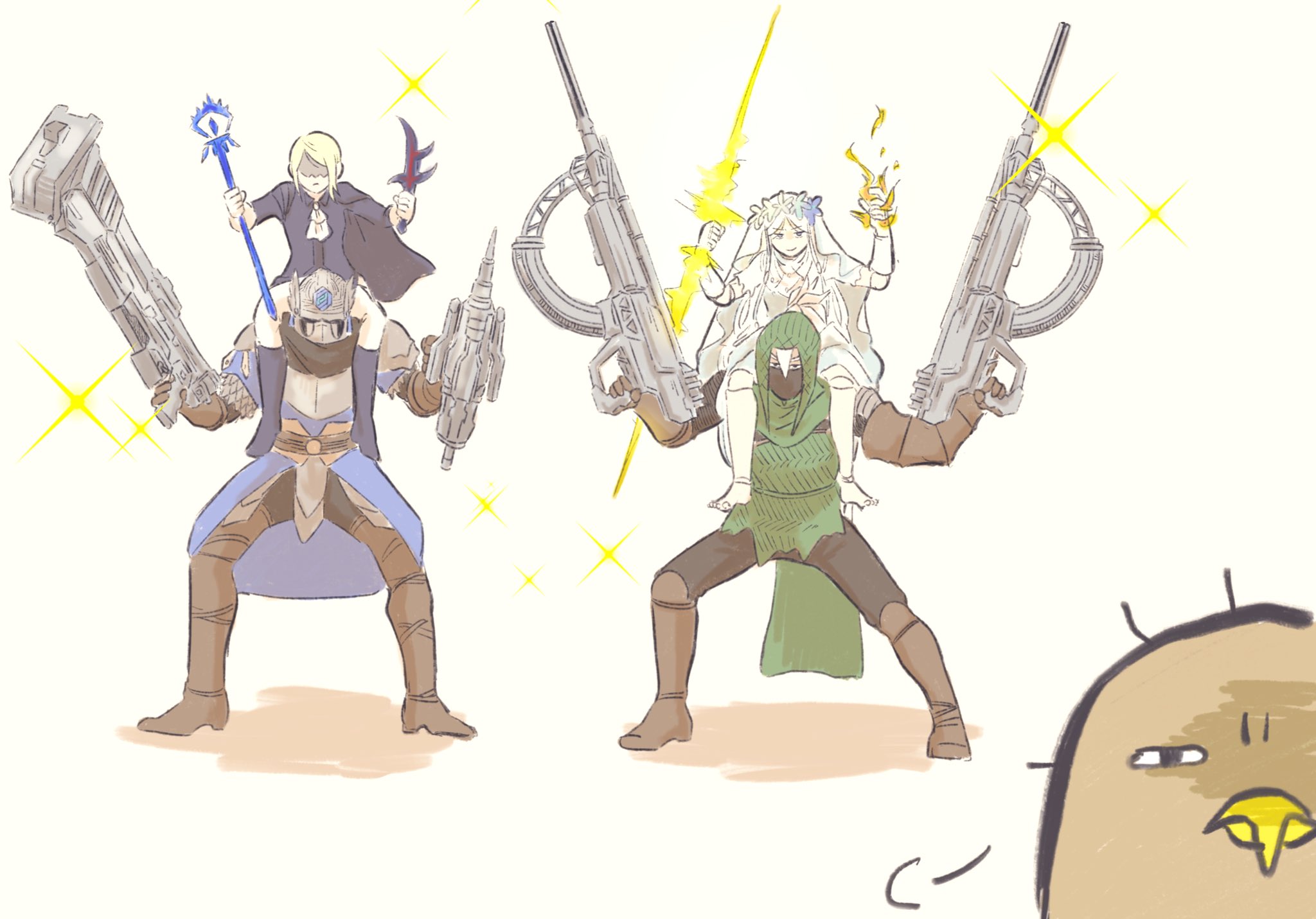duchess (elden ring), guardian (elden ring), ironeye (elden ring), revenant (elden ring), wylder (elden ring), armored core, armored core vi: fires of rubicon, elden ring, elden ring nightreign, highres, 2girls, 3boys, animal head, arm mounted weapon, armor, arms up, ascot, assault rifle, bird boy, black boots, black eyes, black pants, blonde hair, blue jacket, blue tunic, boots, breastplate, brown boots, brown gloves, covered eyes, covered face, dagger, dual wielding, eye mask, fire, flower wreath, full body, gloves, green hood, green tunic, gun, head wreath, helmet, holding, holding dagger, holding gun, holding knife, holding staff, holding weapon, hood, hood up, jacket, knife, lightning, long hair, magic, mask, multiple boys, multiple girls, pants, pauldrons, pile bunker, rifle, robe, short hair, shotgun, shoulder armor, simple background, sparkle, staff, standing, sugulu, tunic, weapon, white ascot, white background, white gloves, white hair, white pants, white robe, winged helmet