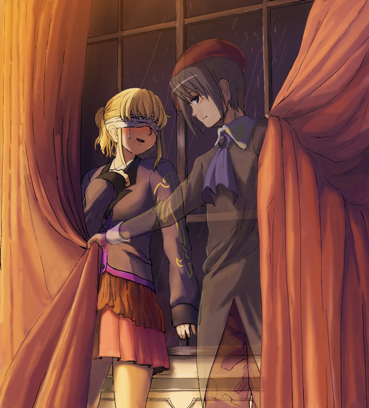 furutachirikonbu, kanon (umineko), ushiromiya jessica, umineko no naku koro ni, spoilers, 00s, 1boy, 1girl, bandages, bandages over eyes, beret, black hair, blindfold, blonde hair, blush, couple, hat, hetero, ponytail, skirt, tears