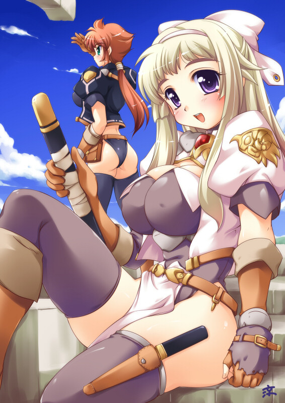 kougasha, original, 2girls, blonde hair, bow, breasts, brown hair, fantasy, gloves, green eyes, large breasts, multiple girls, purple eyes, ribbon, thighhighs