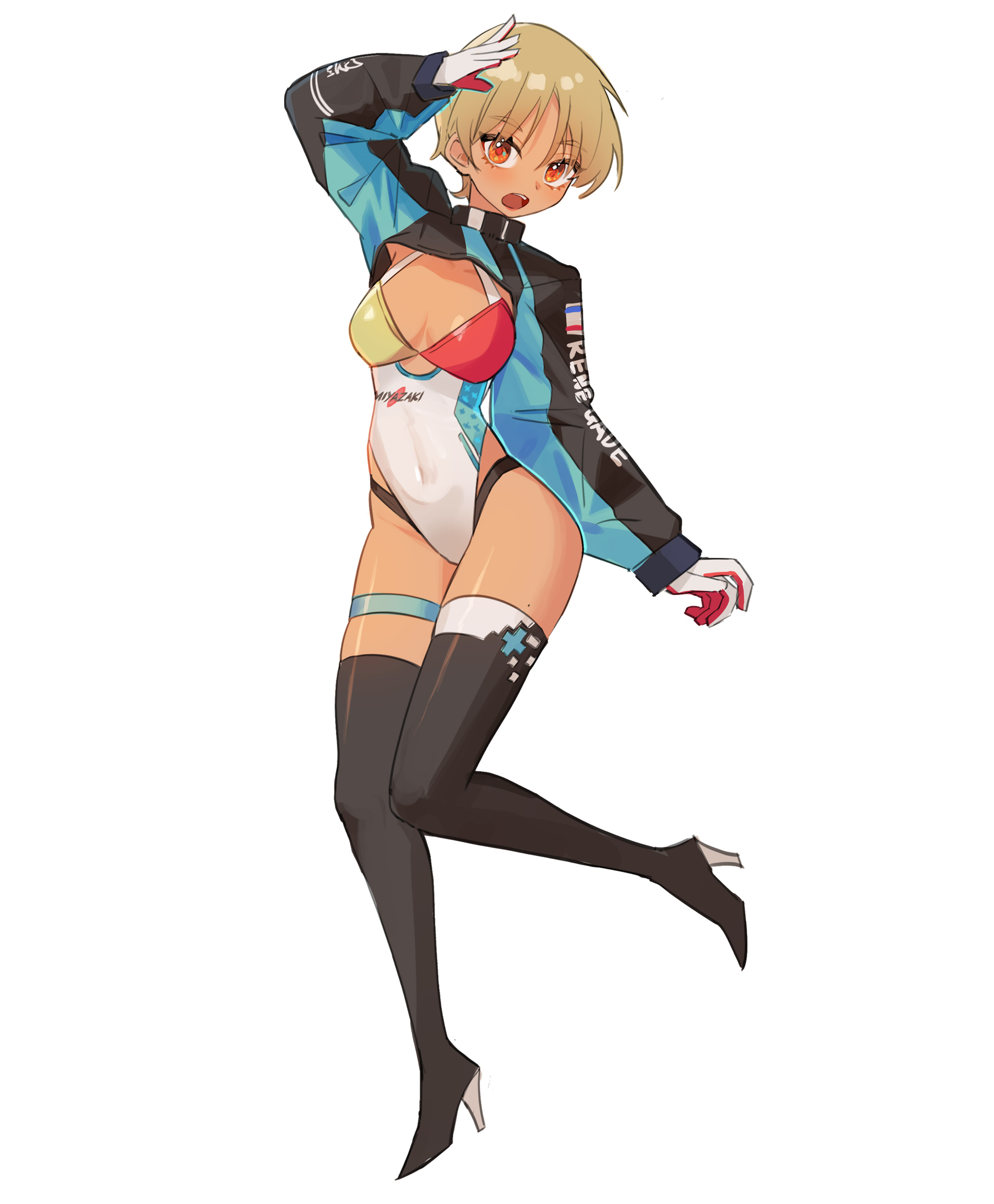 shouz, original, absurdres, commentary, english commentary, highres, 1girl, arm up, black boots, blonde hair, blue shrug, boots, breasts, choppy bangs, covered navel, full body, gloves, high heel boots, high heels, highleg, highleg leotard, leotard, long sleeves, looking at viewer, medium breasts, open mouth, red eyes, short hair, shrug (clothing), simple background, solo, thigh boots, thigh strap, white background, white gloves, white leotard