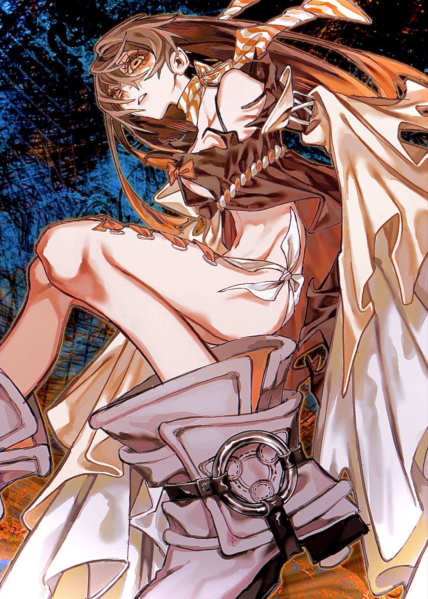 amo empool, gachiakuta, highres, 1girl, bare shoulders, boots, brown hair, brown shirt, corset piercing, crop top, foot out of frame, grey boots, hair between eyes, higaraaaaaaa, horizontal pupils, jacket, jacket partially removed, long hair, midriff, navel, neckerchief, orange eyes, parted lips, shirt, side slit, skirt, solo, striped neckerchief, white skirt