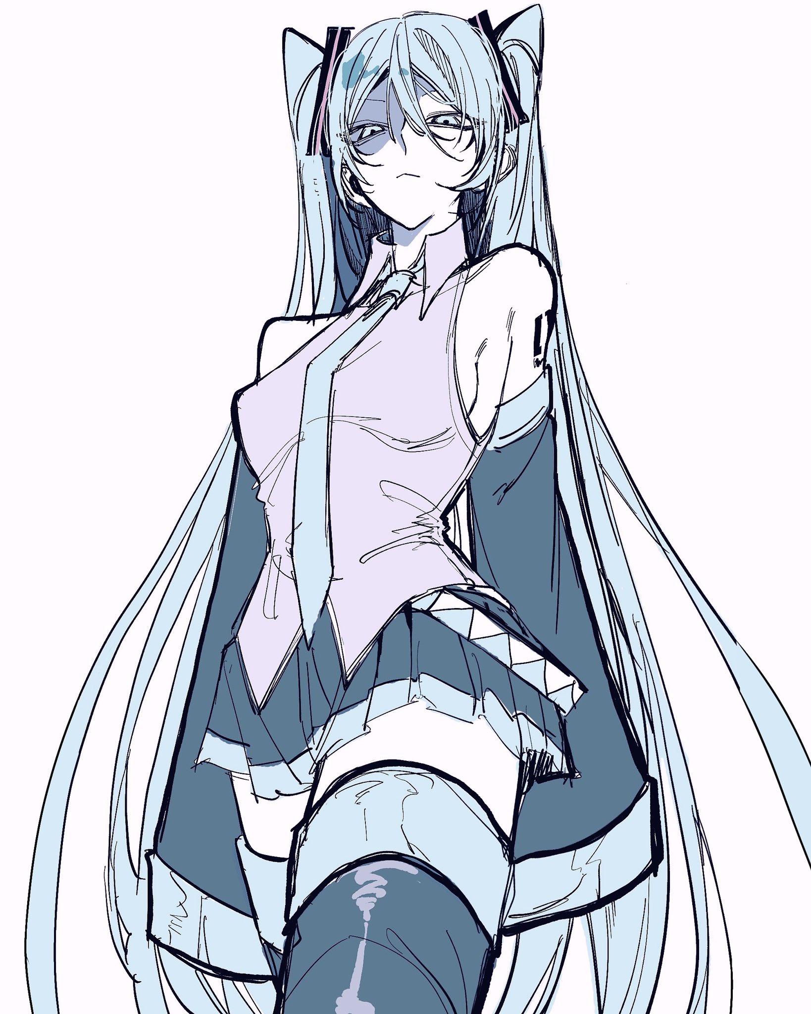 hatsune miku, vocaloid, highres, 1girl, aqua eyes, aqua hair, aqua necktie, aqua trim, bare shoulders, black skirt, black sleeves, boots, breasts, closed mouth, collared shirt, cow, detached sleeves, grey shirt, hair between eyes, higaraaaaaaa, long hair, medium breasts, necktie, number tattoo, partially shaded face, pleated skirt, shirt, shoulder tattoo, skirt, sleeveless, sleeveless shirt, solo, tattoo, thigh boots, thighhighs, twintails, very long hair, white background, zettai ryouiki