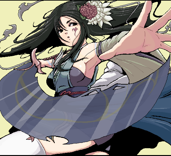 kannagi kaname, midori (.hack//), .hack//, .hack//cell, .hack//link, .hack//roots, bandai, cyber connect 2, bad id, bad pixiv id, 00s, 1girl, armpits, black hair, breasts, female focus, flower, foreshortening, hair flower, hair ornament, japanese clothes, large breasts, long hair, oekaki, outstretched arms, sideboob, solo, spread arms, tattoo, thighhighs, white thighhighs, zettai ryouiki