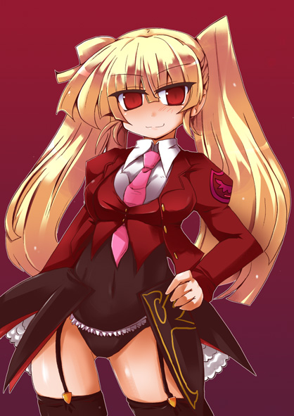 shirogane (platinum), asmodeus (umineko), umineko no naku koro ni, 00s, 1girl, blonde hair, female focus, leotard, long hair, necktie, pink necktie, red eyes, solo, thighhighs, twintails