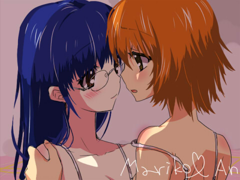 yukito mayumi, misono mariko, shoji an, shouji an, .hack//, .hack//sign, bandai, cyber connect 2, lowres, 00s, 2girls, :o, back, bare shoulders, blue hair, blush, body blush, character name, closed mouth, couple, embarrassed, eye contact, from side, glasses, hair between eyes, hand on another's shoulder, heart, imminent kiss, light smile, long hair, looking at another, multiple girls, open mouth, orange hair, profile, raised eyebrows, rimless eyewear, shade, short hair, smile, strap slip, upper body, yuri