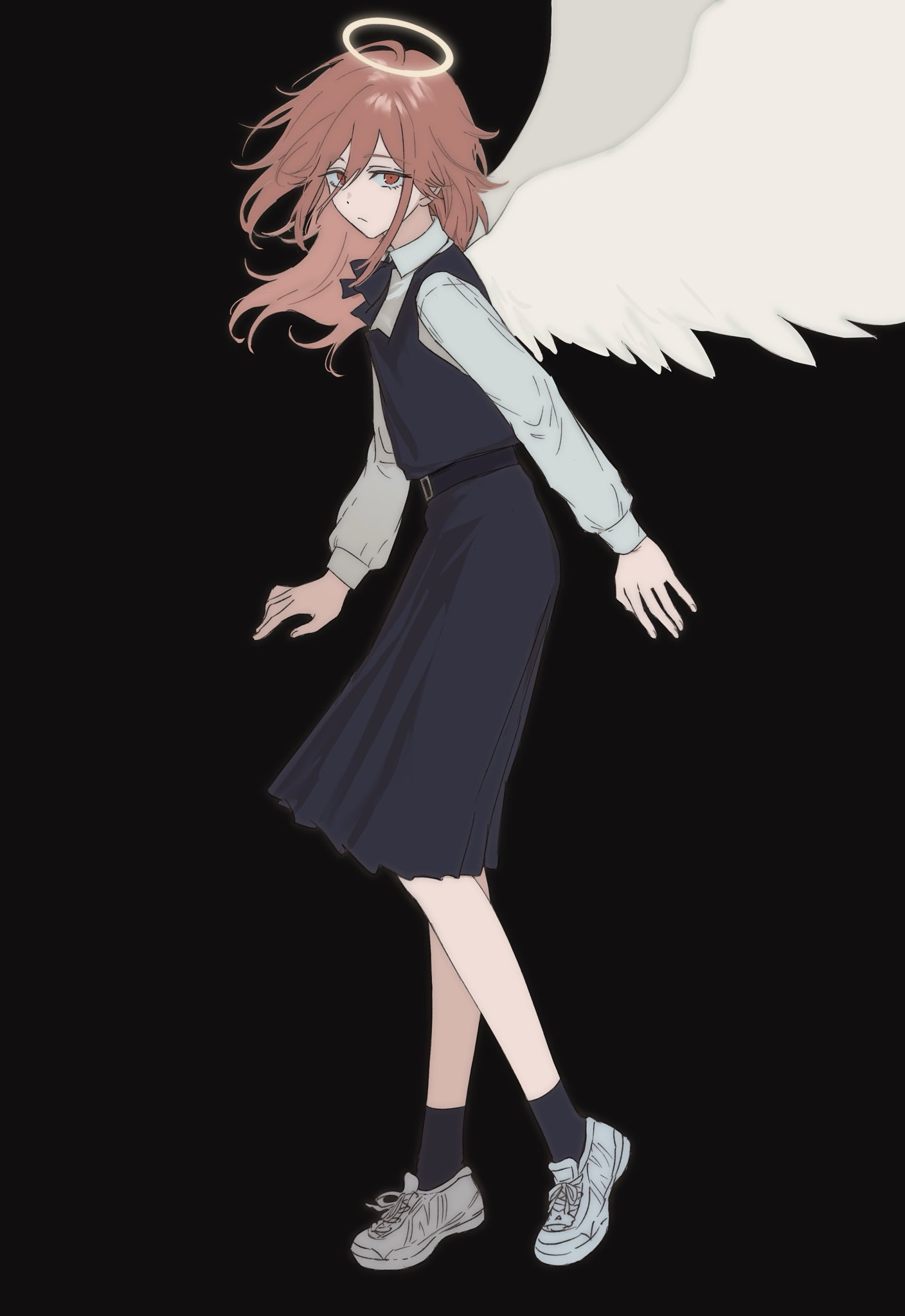 angel devil (chainsaw man), chainsaw man, highres, 1boy, androgynous, angel wings, black background, black dress, black ribbon, black socks, brown eyes, brown hair, collared shirt, dress, feathered wings, full body, grey shoes, hair between eyes, halo, long hair, looking at viewer, male focus, neck ribbon, ribbon, shirt, shirt under dress, shoes, sneakers, socks, solo, sukina 1004, white shirt, white wings, wings