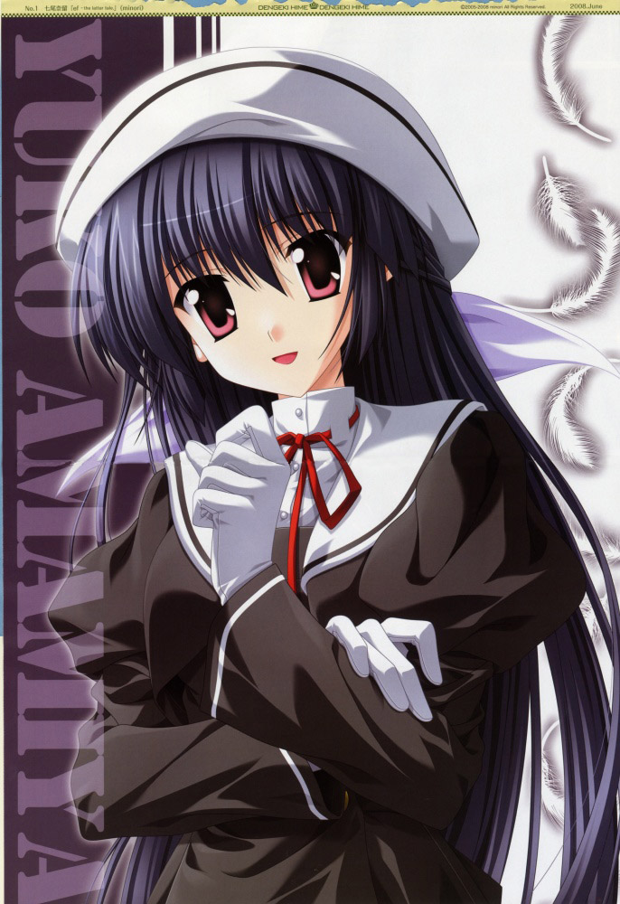 nanao naru, amamiya yuuko, ef (visual novel), non-web source, 00s, black hair, feathers, gloves, long hair, red eyes, school uniform, solo