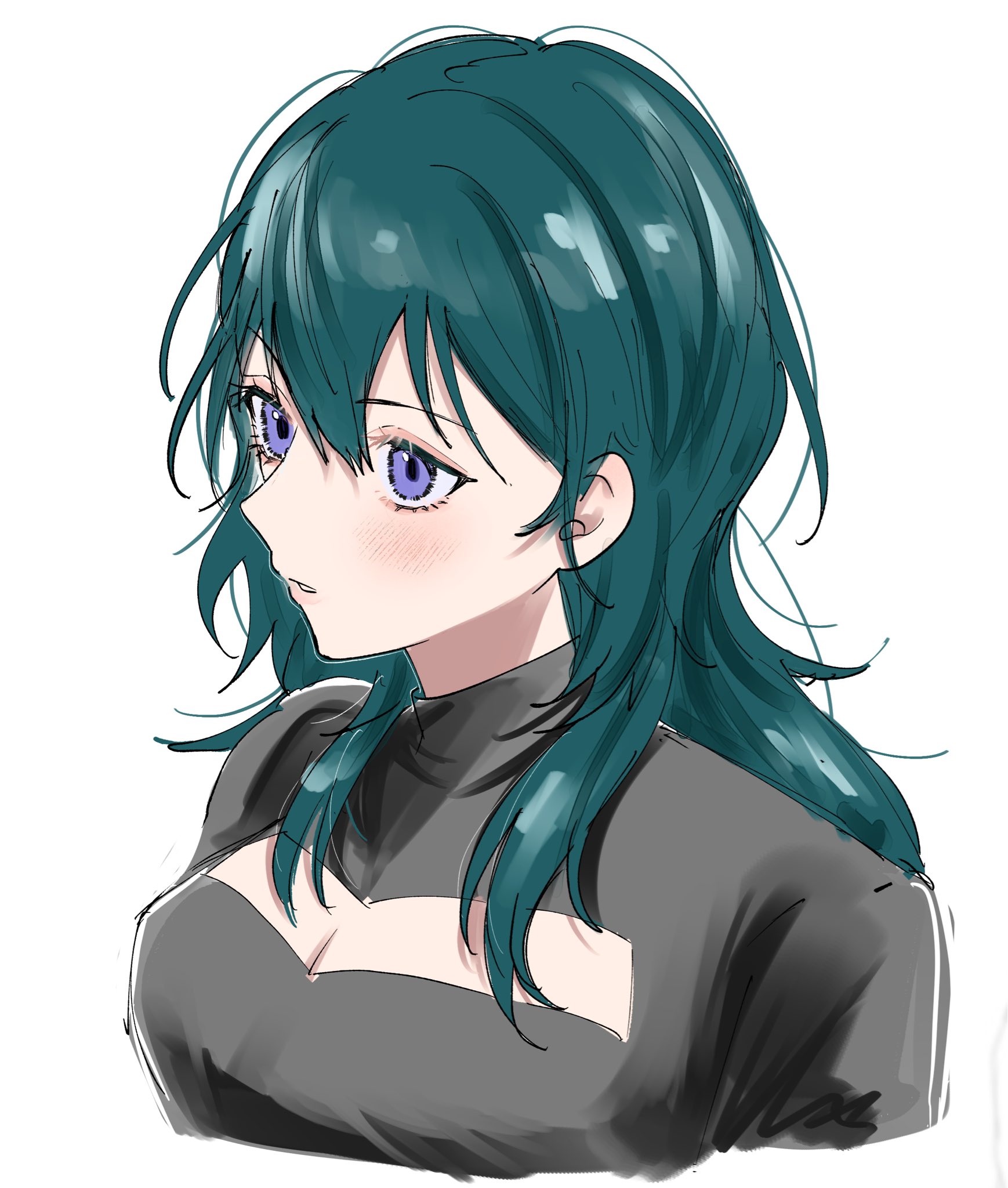 tani11a, female byleth (fire emblem), fire emblem, fire emblem: three houses, nintendo, highres, 1girl, blue eyes, breasts, cleavage, cleavage cutout, clothing cutout, green hair, hair between eyes, long hair, looking to the side, medium breasts, solo, upper body, white background