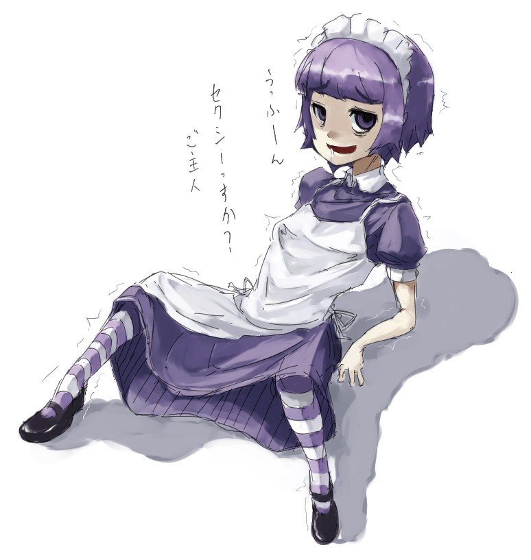4shi, yakui, futaba channel, nijiura maids, translated, maid, pantyhose, purple eyes, purple hair, saliva, short hair, smile, solo, striped clothes, striped pantyhose