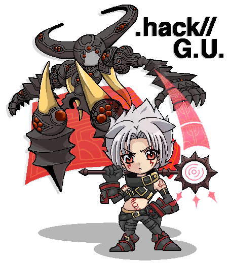 kannagi kaname, haseo, haseo (.hack//), skeith, skeith (.hack//), .hack//, .hack//g.u., bandai, cyber connect 2, silver hair, bad id, bad pixiv id, 00s, 1boy, chibi, frown, male focus, midriff, red eyes, scythe, solo, strap, tattoo, white background