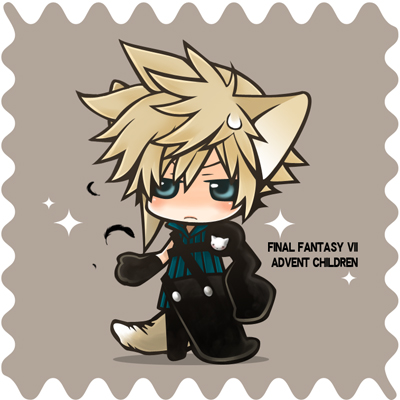cloud strife, final fantasy, final fantasy vii, final fantasy vii advent children, lowres, 00s, 1990s (style), 1boy, animal ears, blonde hair, blue eyes, chibi, copyright name, male focus, solo, tail