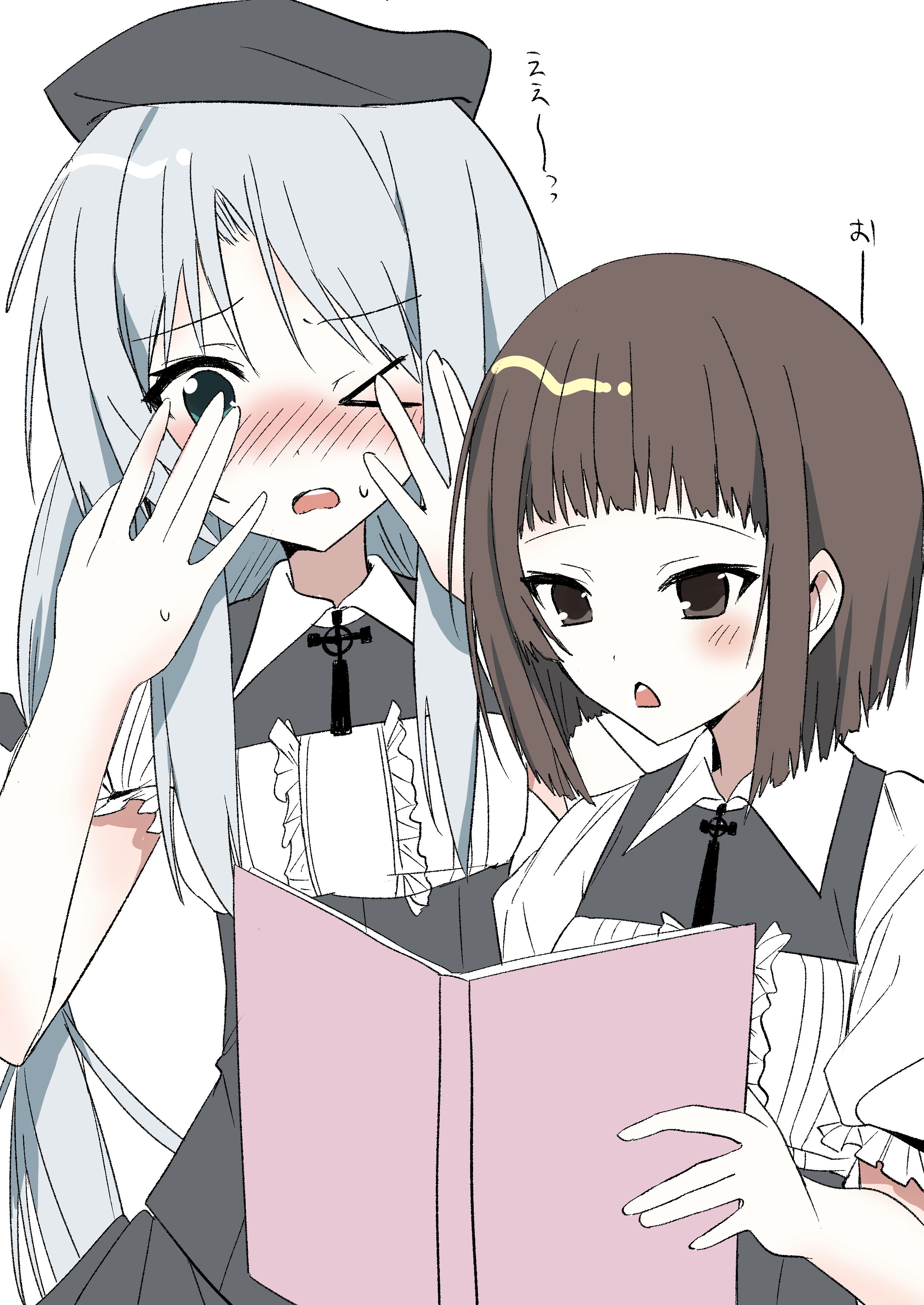 thank u eroge, nonohara hinazakura, himawari no kyoukai to nagai natsuyasumi, absurdres, commentary request, highres, > o, 2girls, ||/, beret, black dress, black hat, blunt bangs, blunt ends, blush, bob cut, book, brown eyes, brown hair, center frills, chestnut mouth, covering own eyes, cowboy shot, cross ornament, dress, embarrassed, frills, furrowed brow, green eyes, hair between eyes, hands up, hat, holding, holding book, imai ichiko, long hair, multiple girls, nose blush, one eye closed, open book, open mouth, reading, school uniform, short hair, short sleeves, sidelocks, simple background, sweatdrop, teeth, upper teeth only, very long hair, white background