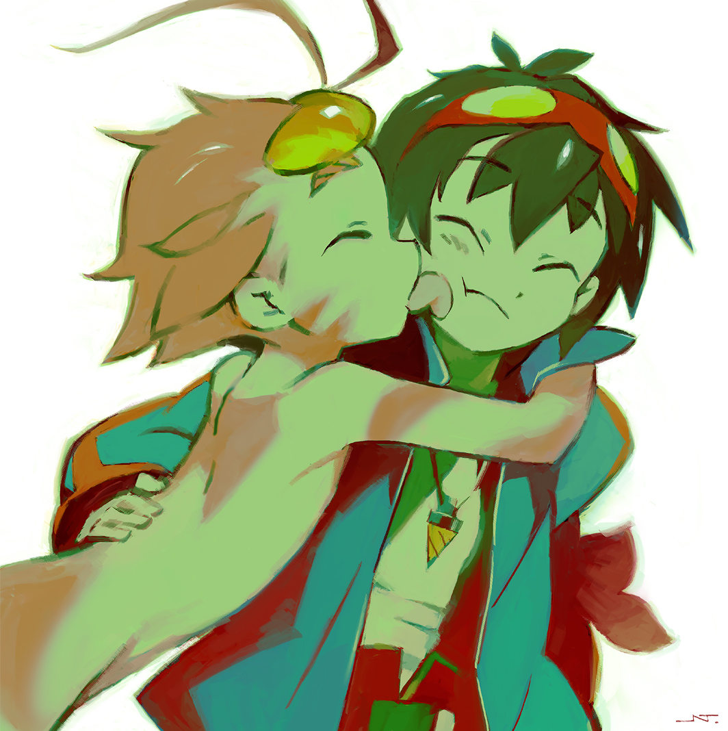 jnt, boota (ttgl), simon (ttgl), tengen toppa gurren lagann, bad id, bad pixiv id, 00s, 2boys, antennae, black hair, closed eyes, colored skin, core drill, drill, goggles, goggles on head, green skin, hug, licking, male focus, mole boy, monster boy, multiple boys, open clothes, open shirt, personification, pink hair, shirt, tongue, white background