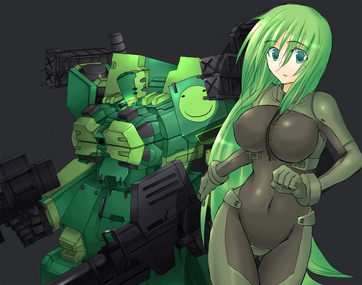 ment, may greenfield, merrygate, armored core, armored core: for answer, fromsoftware, 1girl, anti-materiel rifle, bodysuit, breasts, dual wielding, green eyes, green hair, gun, holding, impossible clothes, impossible shirt, large breasts, long hair, mecha, navel, rifle, robot, shirt, skin tight, sniper rifle, weapon