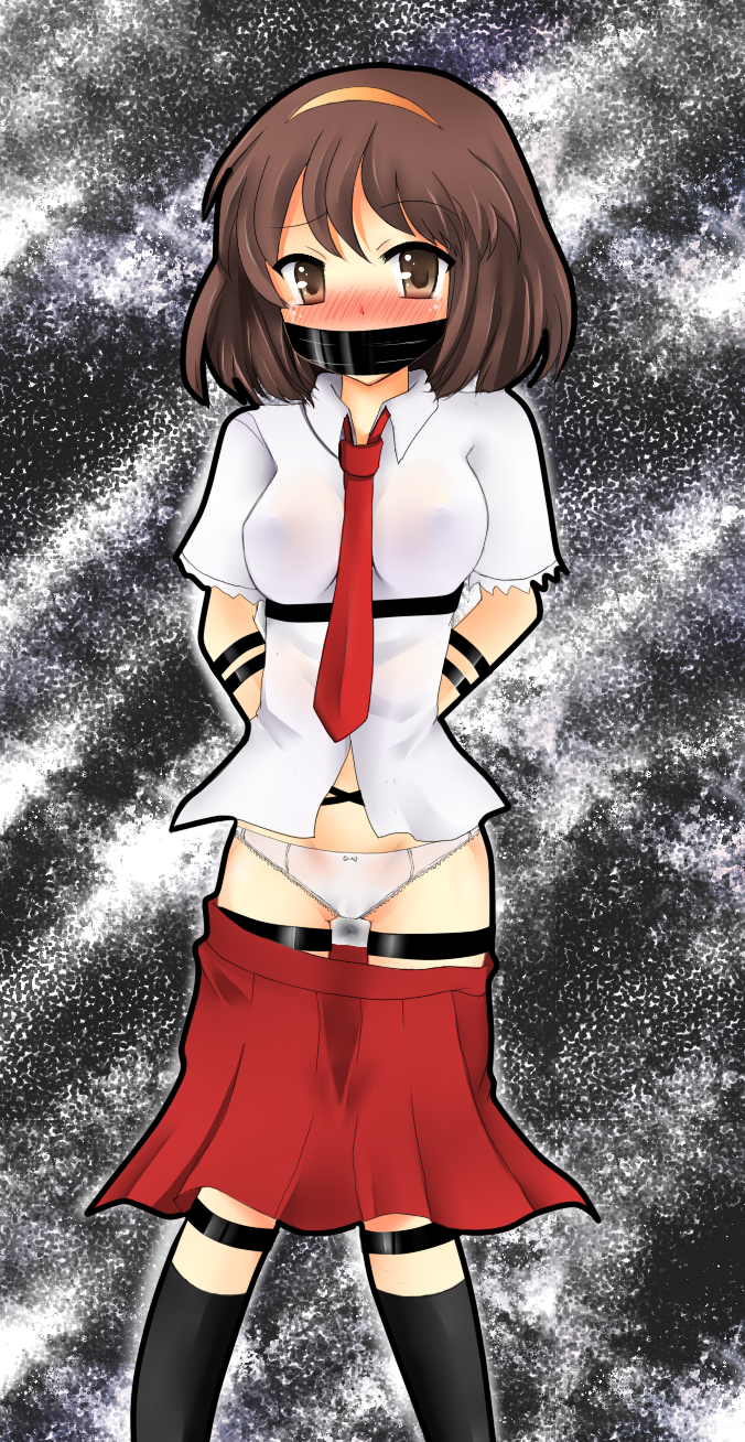 a.ringo, yamitenka ringo (pixiv46128), suzumiya haruhi, suzumiya haruhi no yuuutsu, highres, 00s, 1girl, bdsm, blush, bondage, bound, cloth gag, female focus, gag, gagged, improvised gag, panties, see-through clothes, solo, tears, underwear