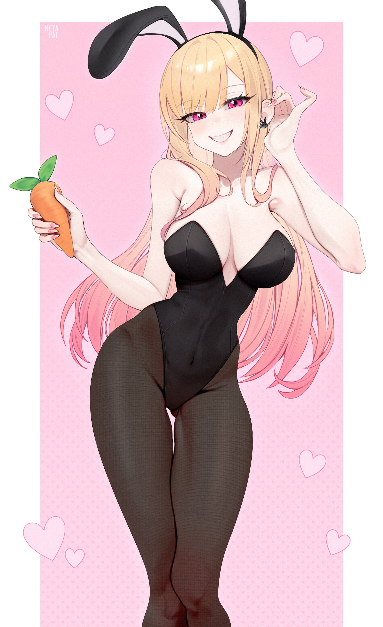 netapai1, kitagawa marin, sono bisque doll wa koi wo suru, absurdres, commentary, highres, 1girl, animal ear hairband, animal ears, artist name, black leotard, black pantyhose, blonde hair, border, breasts, carrot, earrings, fake animal ears, feet out of frame, food, gluteal fold, gradient hair, grin, hairband, heart, highleg, highleg leotard, holding, holding carrot, holding food, holding vegetable, jewelry, large breasts, legs together, leotard, light blush, looking at viewer, multicolored hair, nail polish, outside border, pantyhose, pink background, pink eyes, pink hair, pink nails, playboy bunny, rabbit ear hairband, rabbit earrings, rabbit ears, smile, solo, standing, strapless, strapless leotard, thigh gap, two-tone hair, vegetable, very long fingernails, white border, white wrist cuffs, wrist cuffs