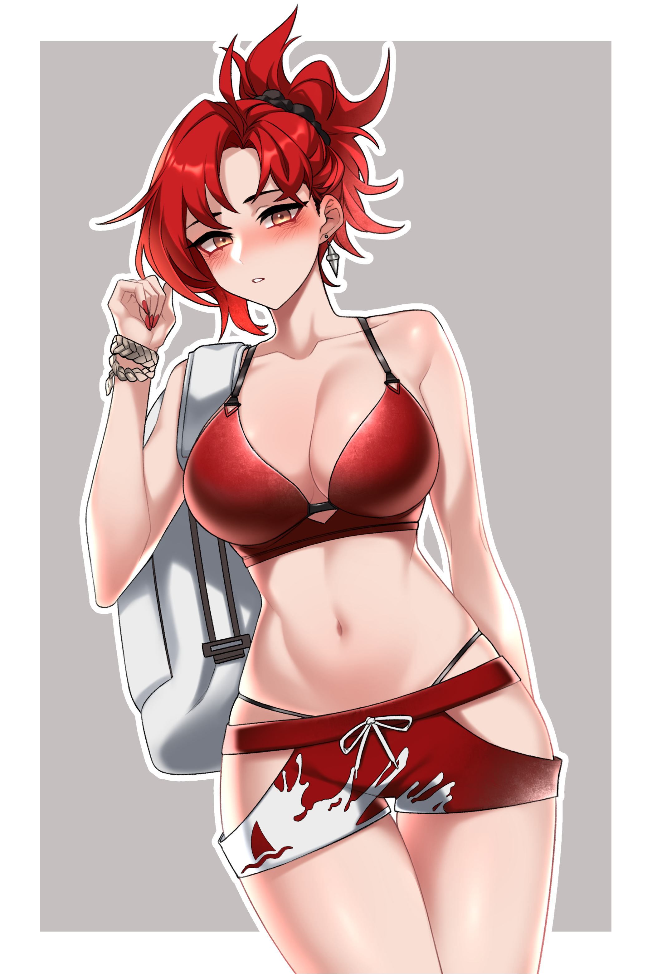 dogs (dlrkdejr26), black survival, eternal return: black survival, absurdres, highres, 1girl, arm behind back, bag, bare hips, bare shoulders, breasts, cleavage, clothing cutout, collarbone, dutch angle, earrings, genderswap, genderswap (mtf), hand up, hip vent, jewelry, large breasts, looking at viewer, nail polish, navel, orange eyes, parted lips, red hair, shiny skin, shoulder bag, single earring, solo, stomach, swimsuit, thick thighs, thighs