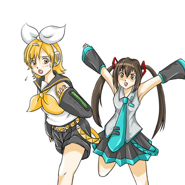 hatsune miku, kagamine rin, mako-chan (minami-ke), makoto (minami-ke), minami kana, minami-ke, vocaloid, 1boy, 1girl, chestnut mouth, cosplay, hatsune miku (cosplay), kagamine rin (cosplay), necktie, trap, twintails
