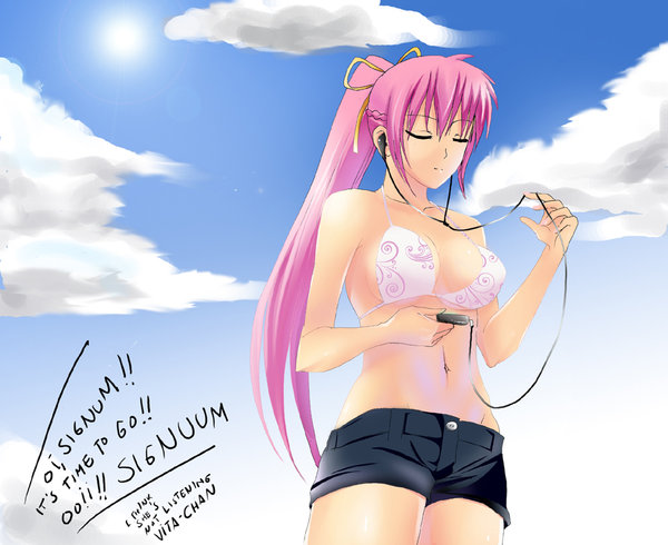 signum, lyrical nanoha, mahou shoujo lyrical nanoha, 00s, bikini, closed eyes, digital media player, earbuds, earphones, headphones, long hair, pink hair, ponytail, shorts, swimsuit