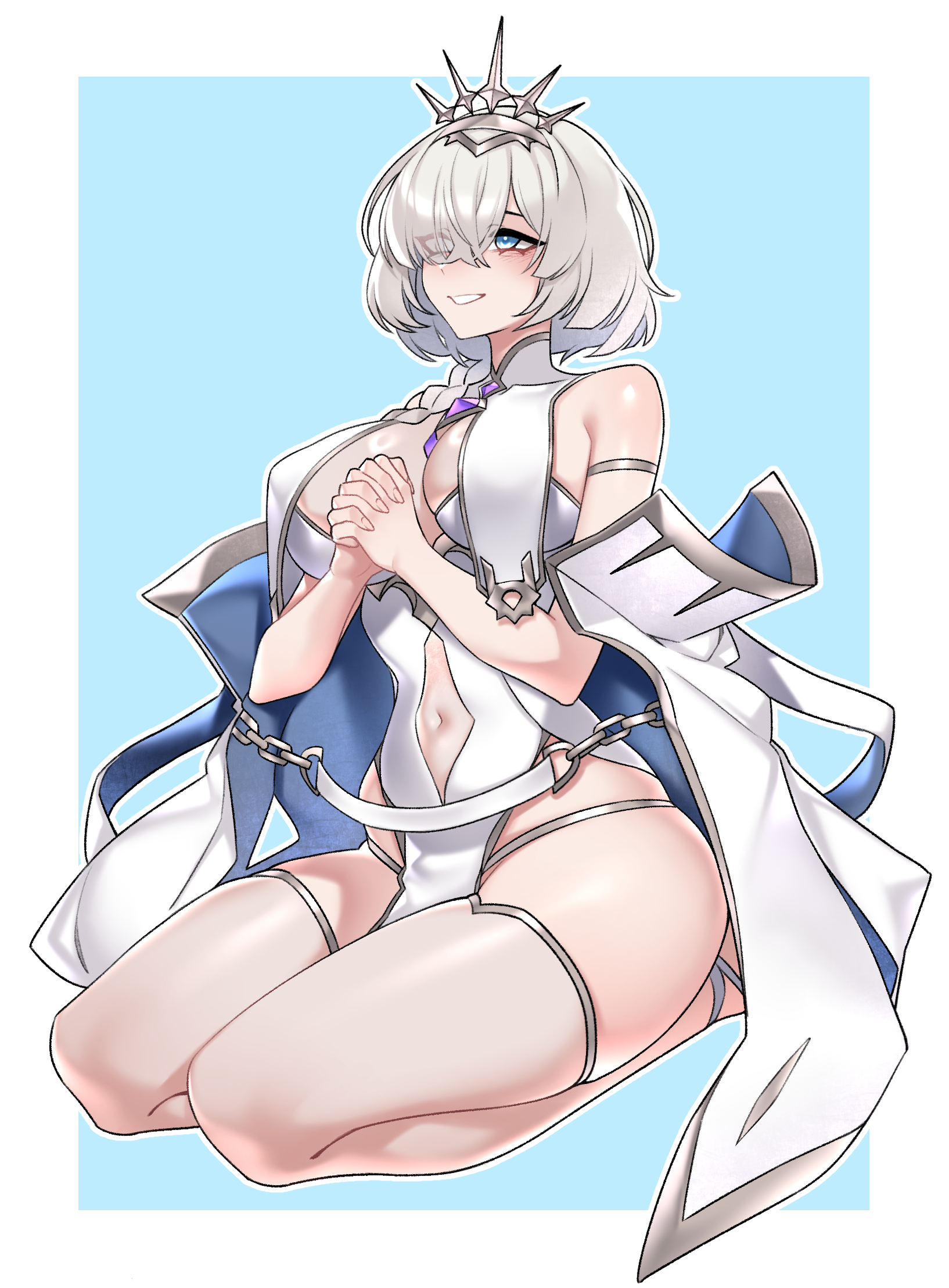 dogs (dlrkdejr26), epic seven, character request, highres, 1girl, bare hips, bare shoulders, blue eyes, blunt bangs, bob cut, breast curtains, breasts, covered navel, eyes visible through hair, grin, large breasts, looking up, own hands clasped, own hands together, pelvic curtain, seiza, short hair, sideboob, simple background, sitting, skindentation, smile, thick thighs, thighhighs, thighs, tiara, white hair