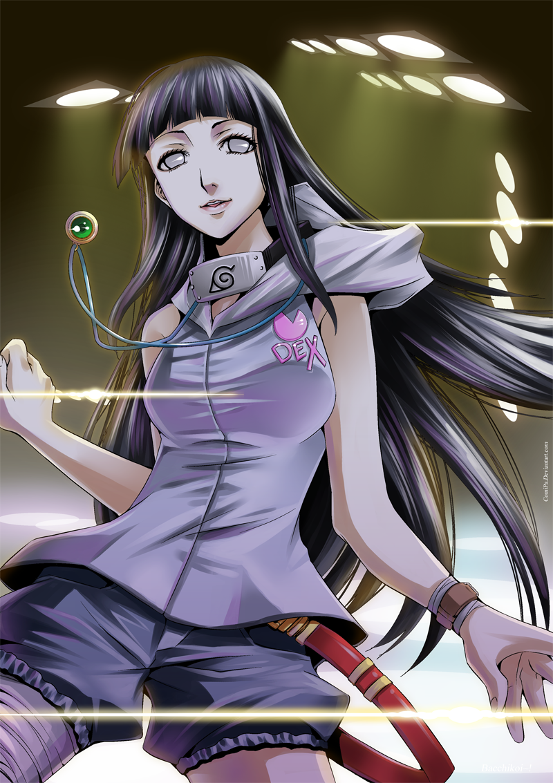 paolo antonio aguasin, hyuuga hinata, naruto (classic), naruto (series), 1girl, adapted costume, black hair, blunt bangs, cowboy shot, eyelashes, female focus, glint, long hair, short shorts, shorts, solo, very long hair, watermark, web address, white eyes