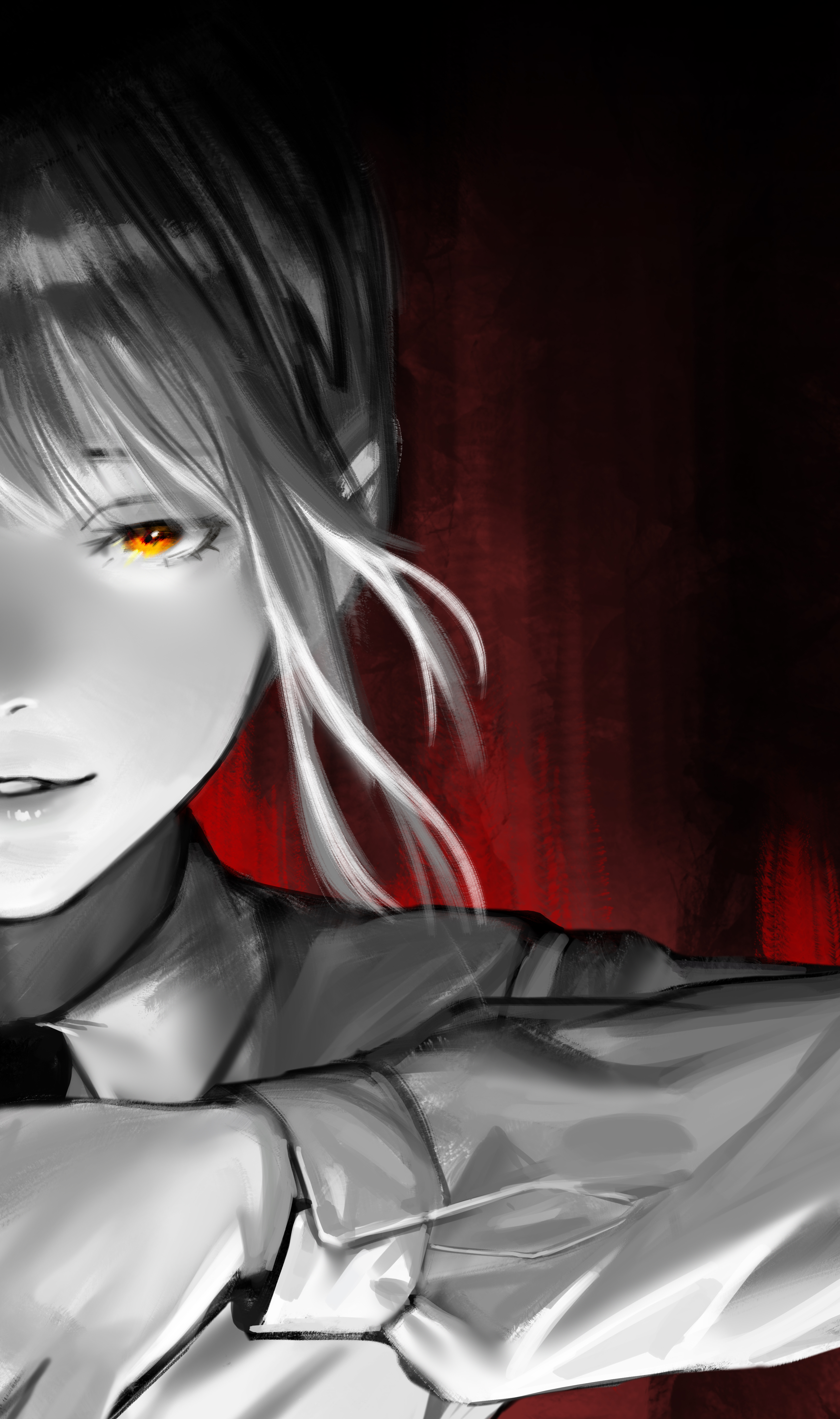 kidmo, makima (chainsaw man), chainsaw man, absurdres, commentary request, highres, 1girl, collared shirt, dark background, long sleeves, looking at viewer, orange eyes, parted lips, partially colored, shirt, short hair, smile, solo, split crop, straight-on, upper body