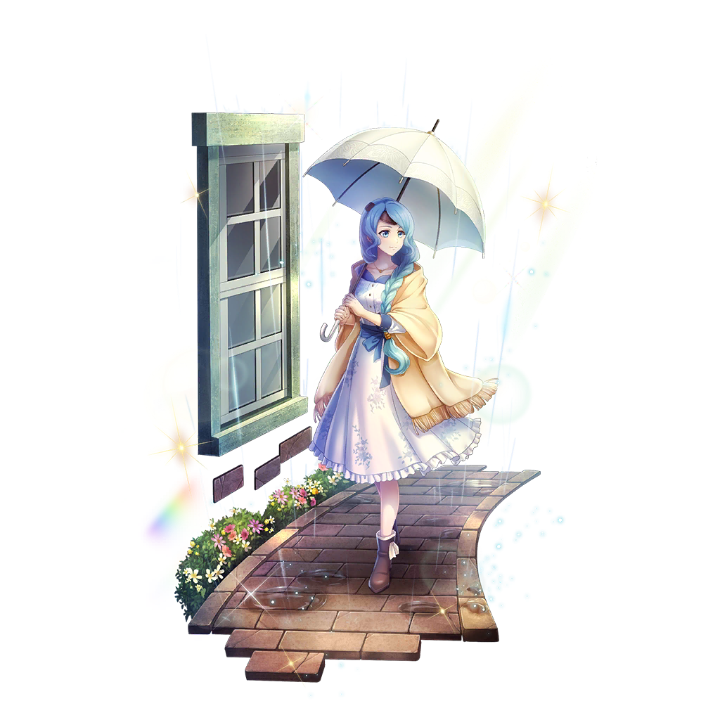therese alexanderite, tate no yuusha no nariagari, tate no yuusha no nariagari rerise, artist request, game cg, official art, 1girl, ankle boots, blue dress, blue eyes, blue hair, boots, braid, braided ponytail, breasts, brick road, brown boots, closed mouth, day, dress, frilled dress, frills, full body, hair tubes, holding, holding umbrella, jacket, long hair, long sleeves, looking to the side, medium breasts, medium dress, metal hair tubes, official alternate costume, open clothes, open jacket, outdoors, puddle, purple jacket, rain, rainbow, side ponytail, simple background, single hair tube, smile, solo, sparkle, transparent background, two-tone dress, umbrella, walking, white dress, white umbrella, window