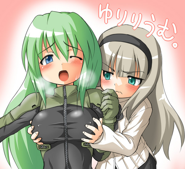 lilium wolcott, may greenfield, merrygate, armored core, armored core: for answer, fromsoftware, silver hair, 2girls, aqua eyes, blue eyes, blush, bodysuit, breast envy, breasts, breath, covered erect nipples, grabbing another's breast, green hair, groping, hairband, long hair, multiple girls, skin tight, sweat, yuri