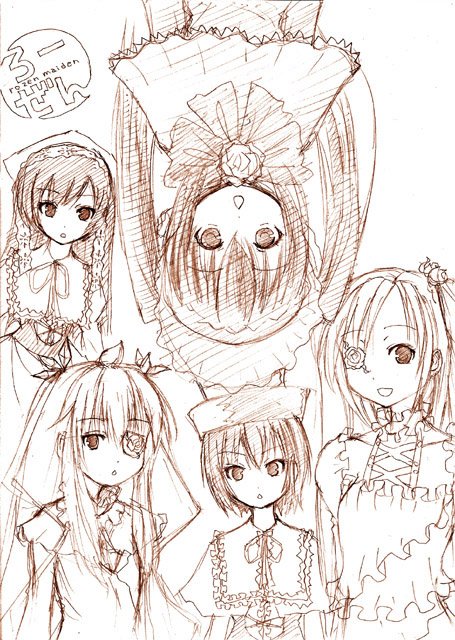barasuishou, kirakishou, minami chiaki, minami haruka, minami kana, minami touma, shinku, souseiseki, suiseiseki, minami-ke, rozen maiden, 5girls, barasuishou (cosplay), brown theme, chestnut mouth, cosplay, kirakishou (cosplay), monochrome, multiple girls, shinku (cosplay), sketch, souseiseki (cosplay), suiseiseki (cosplay)