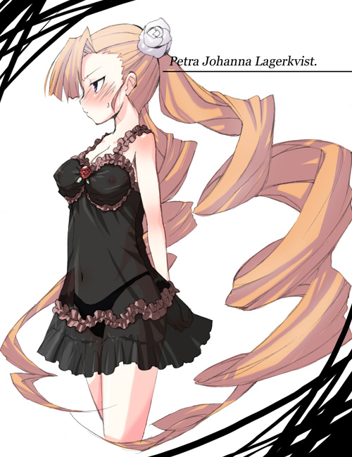 hama chon, petra johanna lagerkvist, aq interactive, arcana heart, arcana heart 2, atlus, examu, 1girl, bare shoulders, black panties, blush, breasts, character name, chemise, dress, drill hair, flower, lingerie, long hair, medium breasts, nightgown, nipples, panties, rose, see-through clothes, twin drills, twintails, underwear