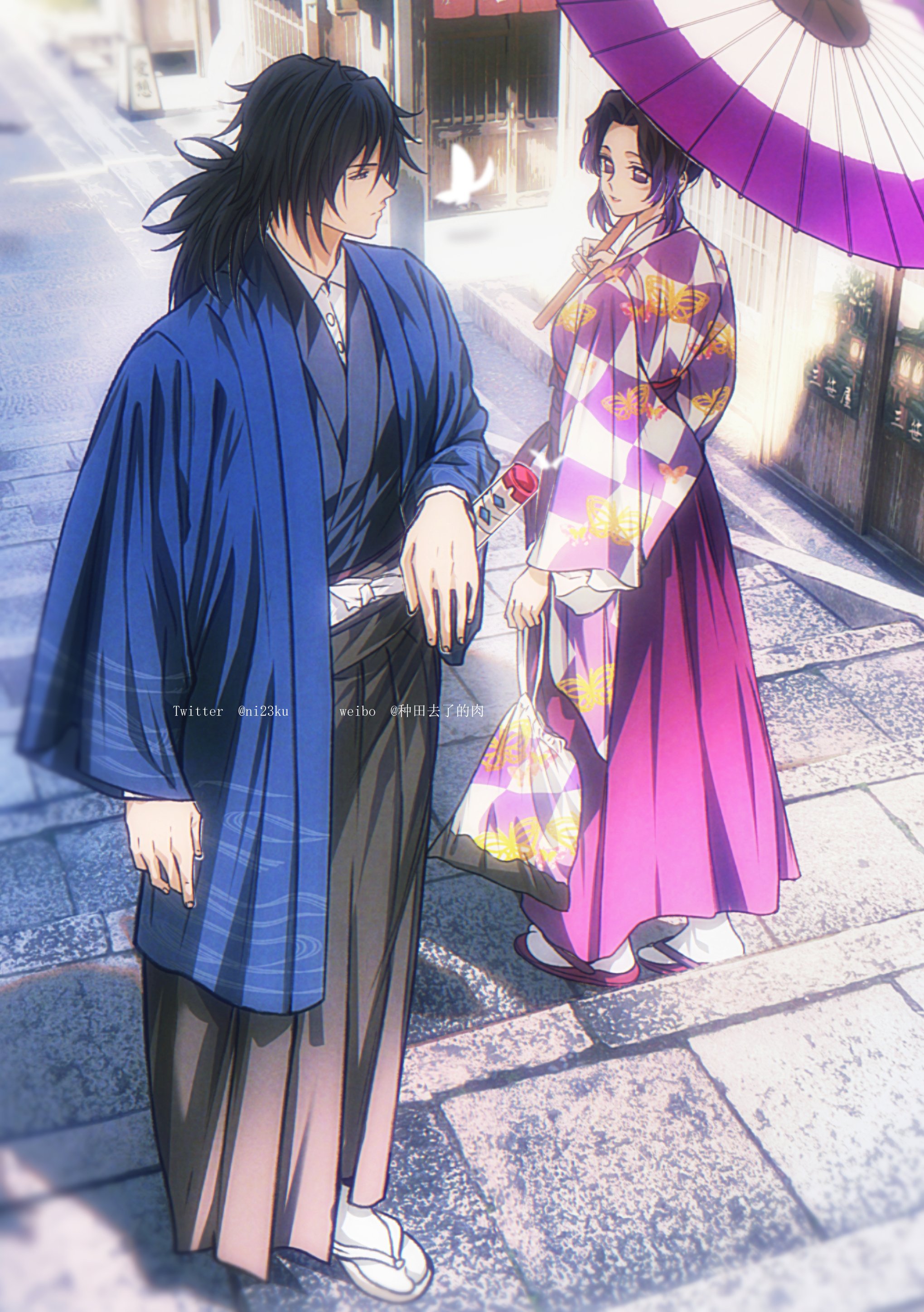niku (ni23ku), kochou shinobu, tomioka giyuu, kimetsu no yaiba, absurdres, highres, 1boy, 1girl, animal print, bag, black hair, black kimono, blue haori, breasts, bug, butterfly, butterfly print, collared shirt, full body, hair between eyes, haori, holding, holding bag, holding umbrella, insect, japanese clothes, katana, kimono, long hair, looking at another, low ponytail, medium breasts, oil-paper umbrella, outdoors, parted bangs, ponytail, print haori, purple eyes, purple hair, purple kimono, sandals, shirt, sidelocks, stairs, sword, tabi, twitter username, umbrella, updo, weapon, white butterfly, white shirt