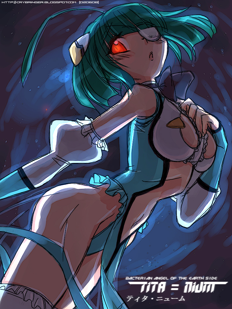 jason robinson, tita nium, otomedius, ahoge, eyepatch, green hair, navel, orange eyes, short hair, thighhighs