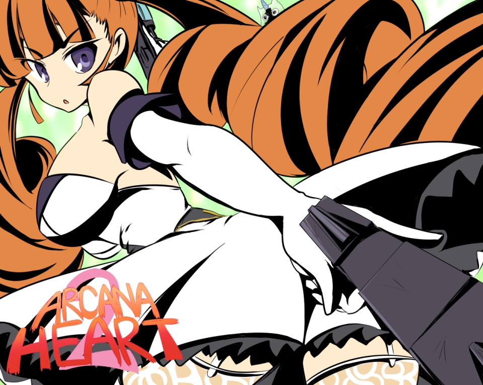 momio, petra johanna lagerkvist, aq interactive, arcana heart, arcana heart 2, atlus, examu, tengen toppa gurren lagann, bad id, bad pixiv id, 1girl, bare shoulders, breasts, cleavage, copyright name, dress, drill hair, elbow gloves, eyecatch, female focus, garter belt, gloves, gun, large breasts, long hair, orange hair, parody, purple eyes, solo, style parody, thighhighs, twin drills, twintails, weapon