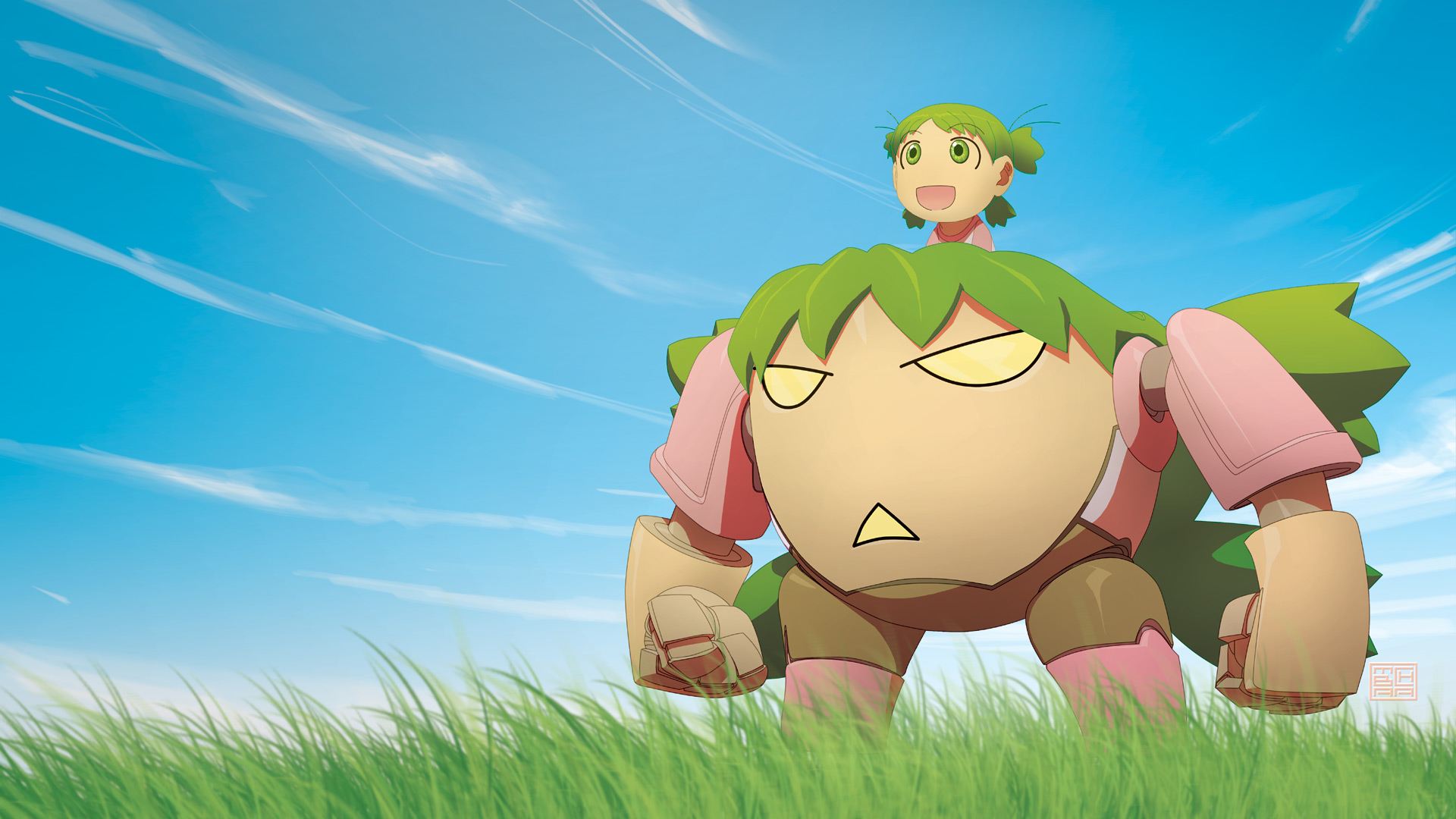 chamba, koiwai yotsuba, lagann, tengen toppa gurren lagann, yotsubato!, highres, 1girl, :<, child, day, green hair, mecha, parody, robot, sky, triangle mouth