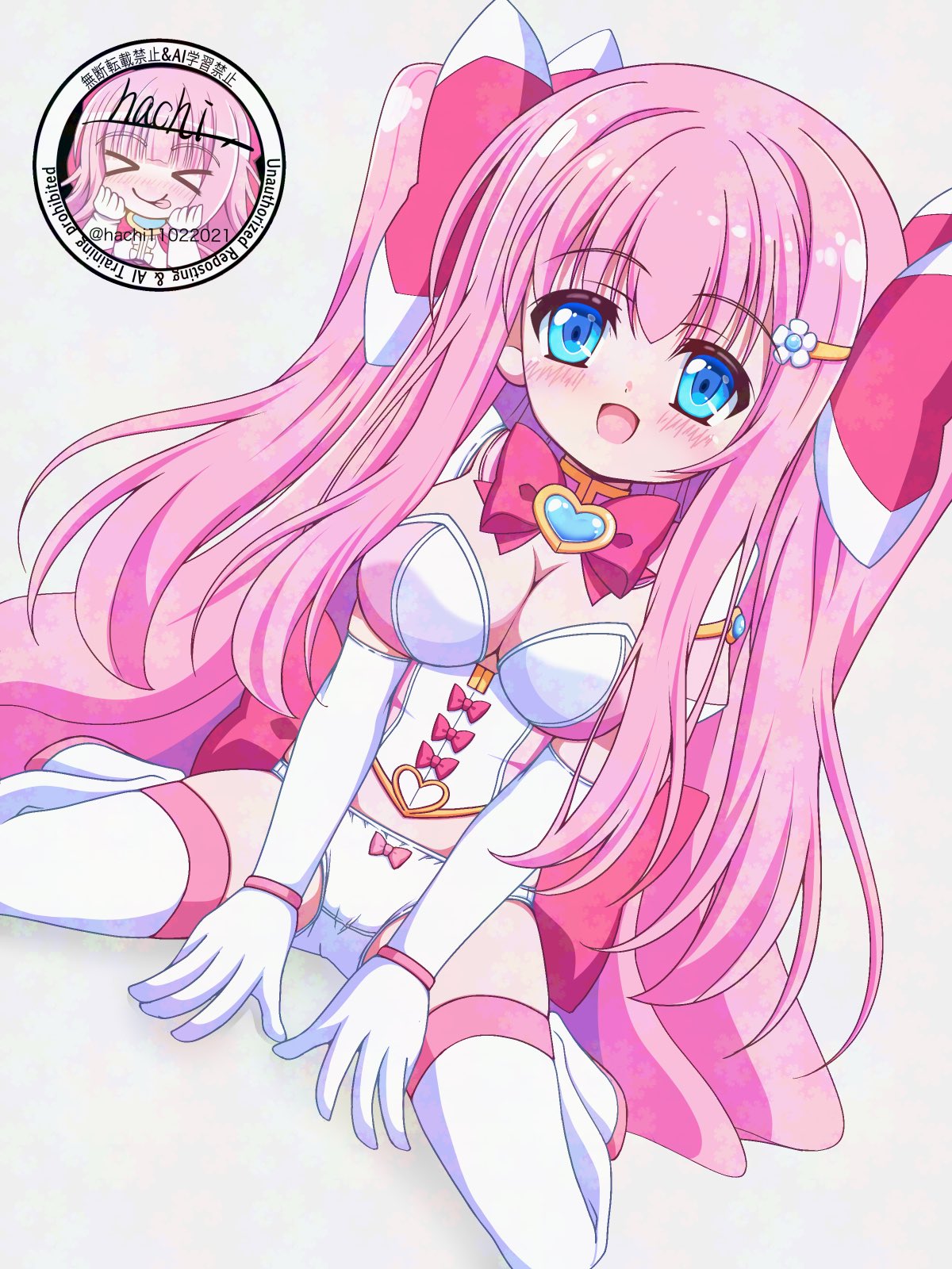 original, highres, 1girl, :d, back bow, blue eyes, blush, boots, bow, bow panties, breasts, brooch, cleavage, dot nose, dutch angle, elbow gloves, gloves, hachi (hachi11022021), hair bow, hair ornament, hairclip, heart, heart brooch, jewelry, large breasts, long hair, looking at viewer, magical girl, open mouth, oppai loli, panties, pink bow, pink hair, signature, simple background, sitting, smile, solo, thigh boots, thighhighs, two side up, underwear, wariza, watermark, white background, white gloves, white panties, white thighhighs