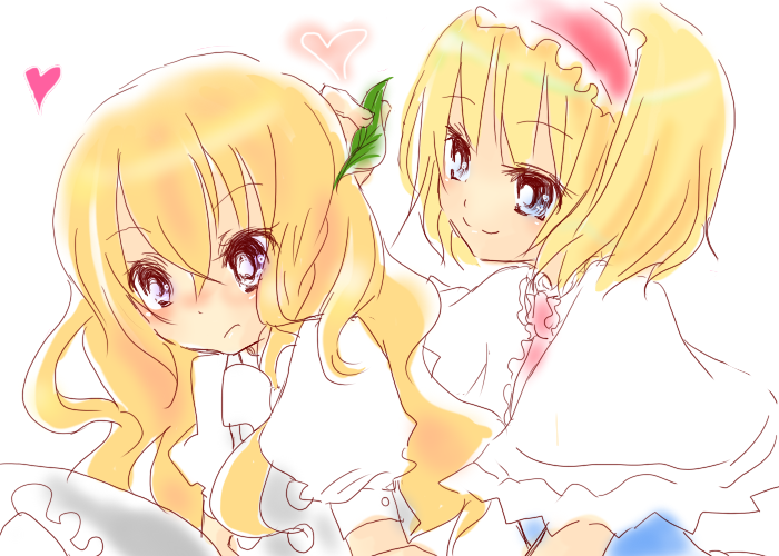 amaku, alice margatroid, kirisame marisa, touhou, 2girls, blonde hair, female focus, hairband, headband, multiple girls, smile