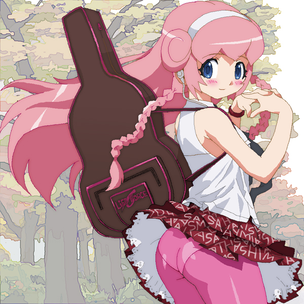 koyopi, erul tron, otomedius, 1girl, ass, bare shoulders, blue eyes, blush, braid, female focus, hairband, headphones, instrument case, jaggy lines, long hair, looking back, own hands clasped, own hands together, panties, panties under pantyhose, pantyhose, pantyshot, pink hair, pink pantyhose, skirt, solo, tree, twin braids, underwear, upskirt, wind, wind lift